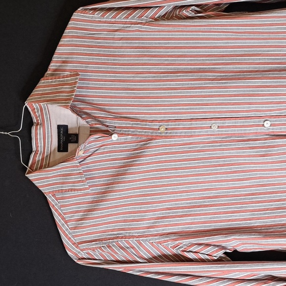 Banana Republic Cotton Shirt Men's Medium Gray Salmon Striped Camp Collared - Picture 2 of 8